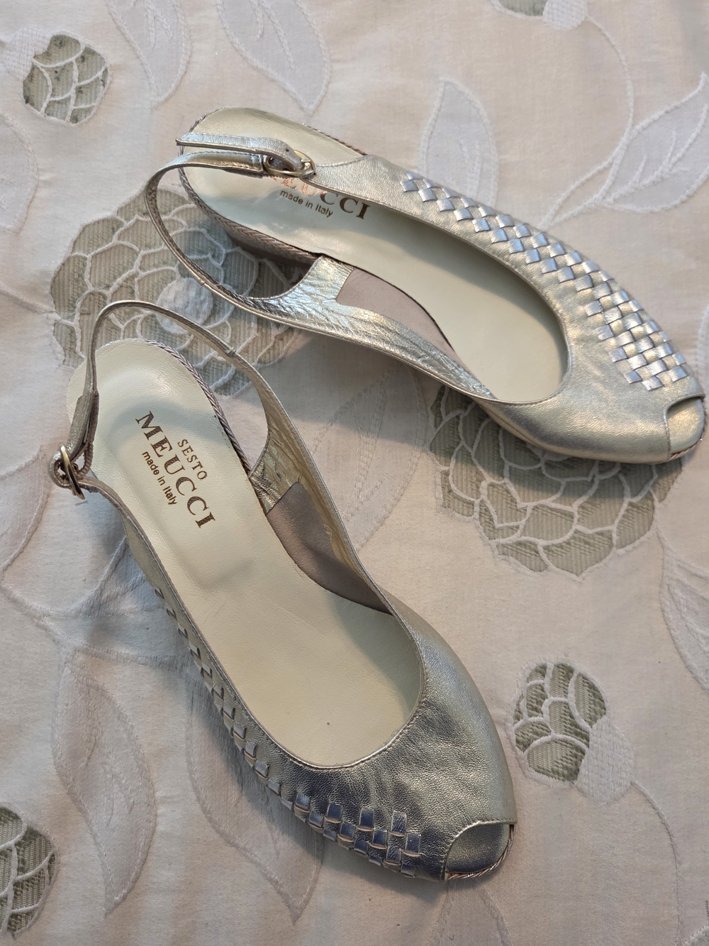 Sesto Meucci Silver Woven Slingback Peep-Toe Flats
